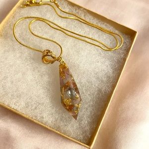 Orgonite resin pendant necklace w/ auralite, pink tourmaline, and aquamarine